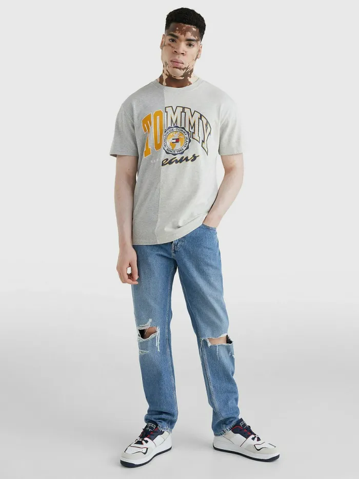 Tommy Hilfiger Spliced Logo Two Tone TShirt Silver Grey Htr Mens TShirts On Sale