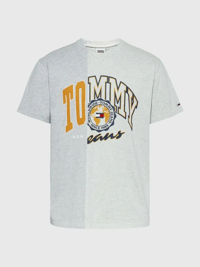 Tommy Hilfiger Spliced Logo Two Tone TShirt Silver Grey Htr Mens TShirts On Sale