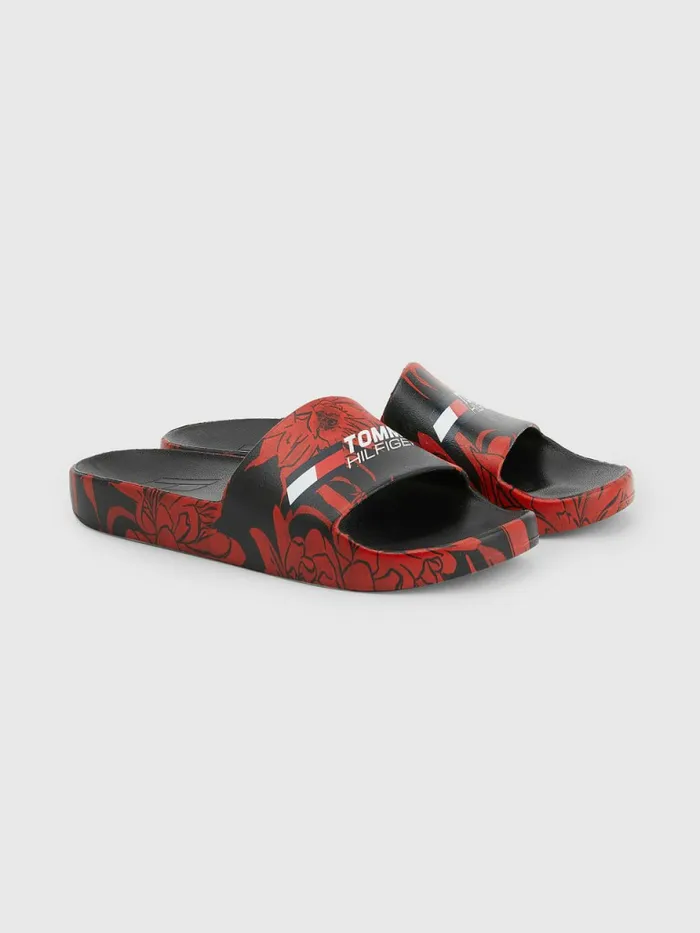 Tommy Hilfiger Sport Floral Print Slides Black Womens Sandals Gift for Friend Tommy Hilfiger Sport Floral Print Slides Black Womens Sandals Gift for Friend