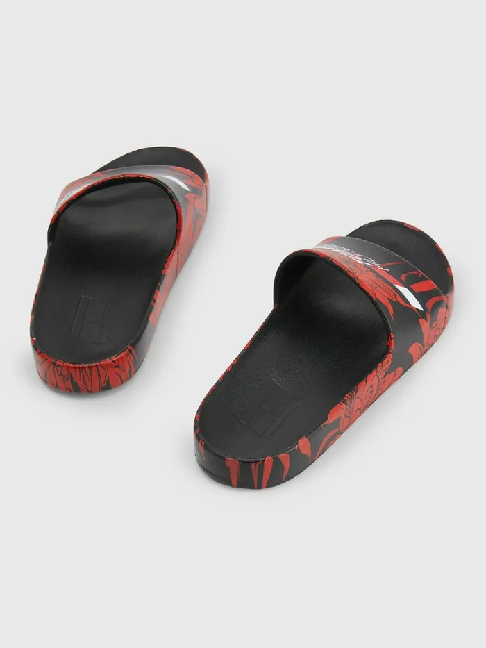 Tommy Hilfiger Sport Floral Print Slides Black Womens Sandals Gift for Friend