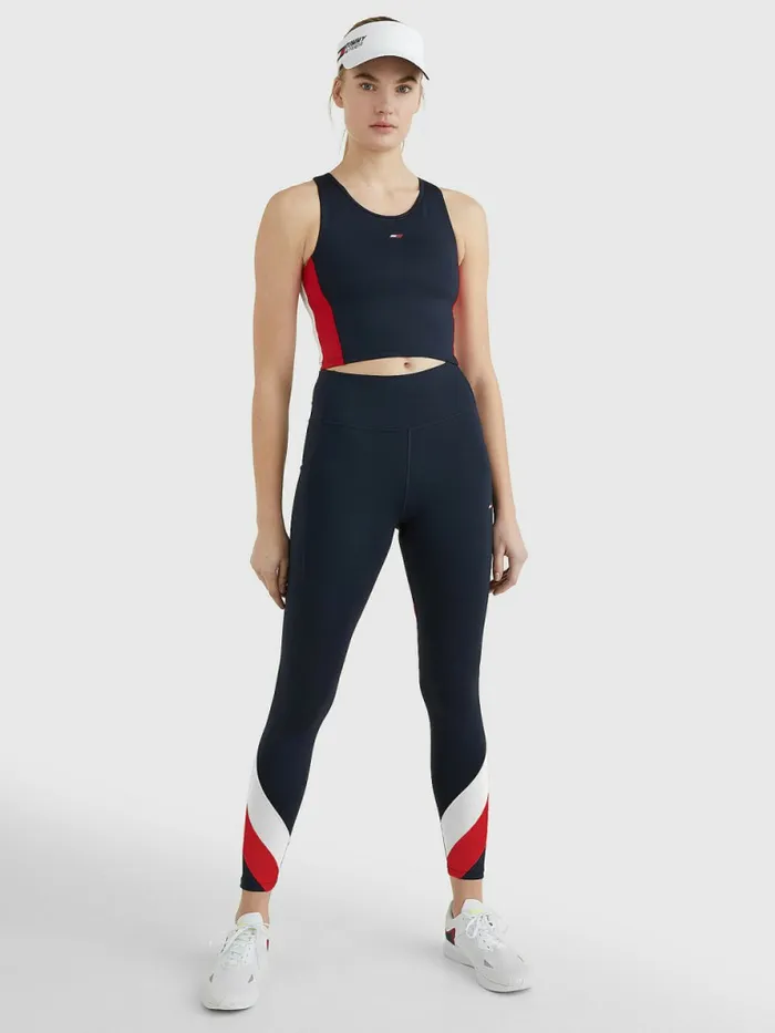 Tommy Hilfiger Sport High Rise ColourBlocked 78 Leggings Desert SkyPrimary Red Womens Tommy Hilfiger Sport