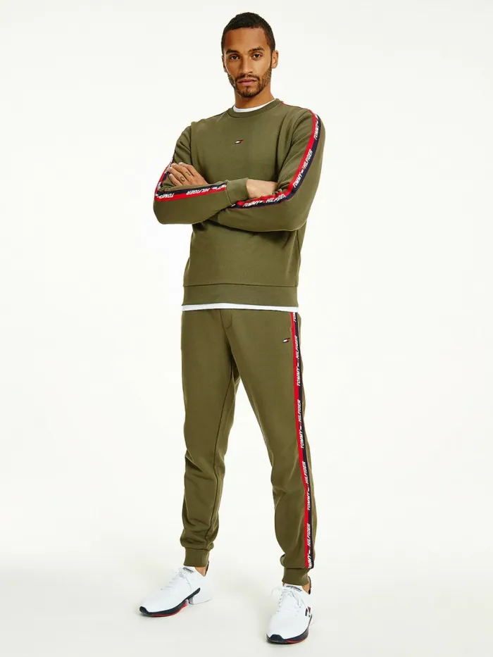 Tommy Hilfiger Sport Logo Tape Sweatshirt Army Green Mens Tracksuits For Sale Tommy Hilfiger Sport Logo Tape Sweatshirt Army Green Mens Tracksuits For Sale