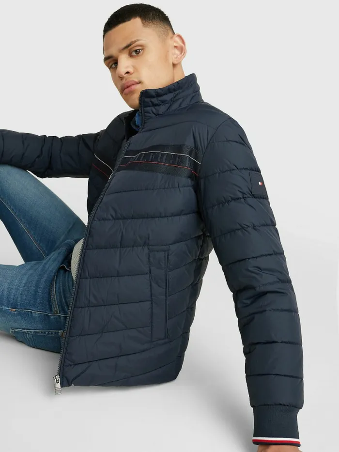 Tommy Hilfiger StandUp Collar Tape Puffer Jacket Desert Sky Mens Coats and Jackets Near Me