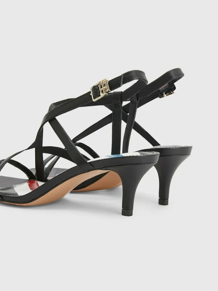 Tommy Hilfiger Strappy Kitten Heel Leather Sandals Black Womens Sandals Cheap On Sale