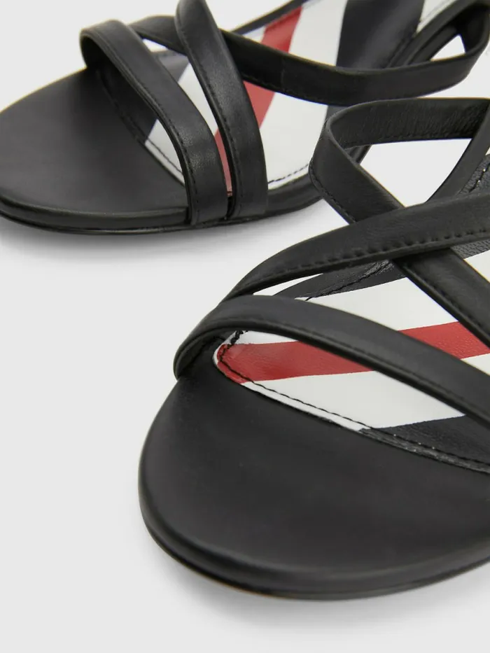 Tommy Hilfiger Strappy Kitten Heel Leather Sandals Black Womens Sandals Cheap On Sale