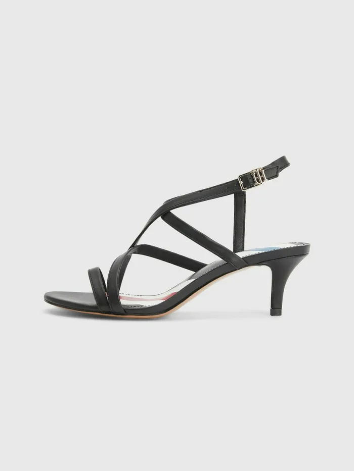 Tommy Hilfiger Strappy Kitten Heel Leather Sandals Black Womens Sandals Cheap On Sale
