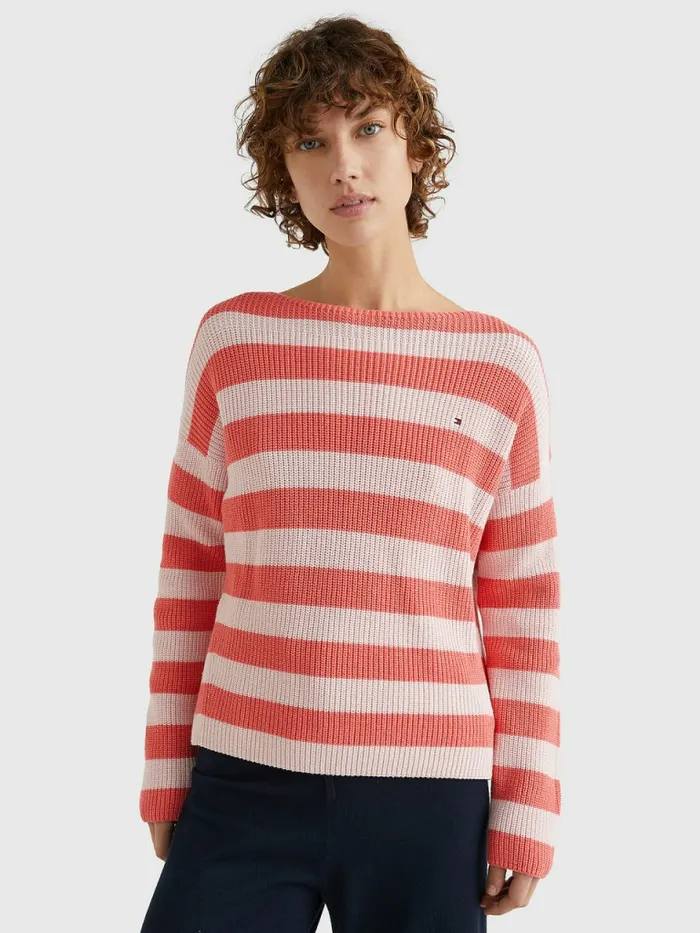 Tommy Hilfiger Stripe Boat Neck Relaxed Fit Jumper Crystal CoralPastel Pink Stp Womens Knitwear Gift for Friend Tommy Hilfiger Stripe Boat Neck Relaxed Fit Jumper Crystal CoralPastel Pink Stp Womens Knitwear Gift for Friend