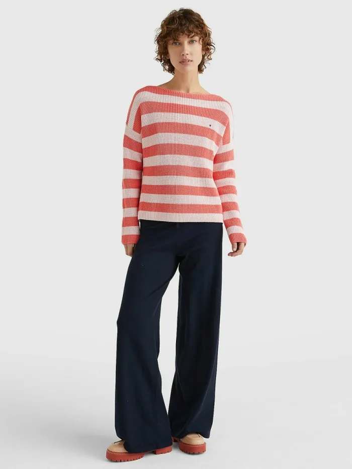 Tommy Hilfiger Stripe Boat Neck Relaxed Fit Jumper Crystal CoralPastel Pink Stp Womens Knitwear Gift for Friend