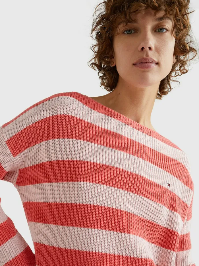 Tommy Hilfiger Stripe Boat Neck Relaxed Fit Jumper Crystal CoralPastel Pink Stp Womens Knitwear Gift for Friend