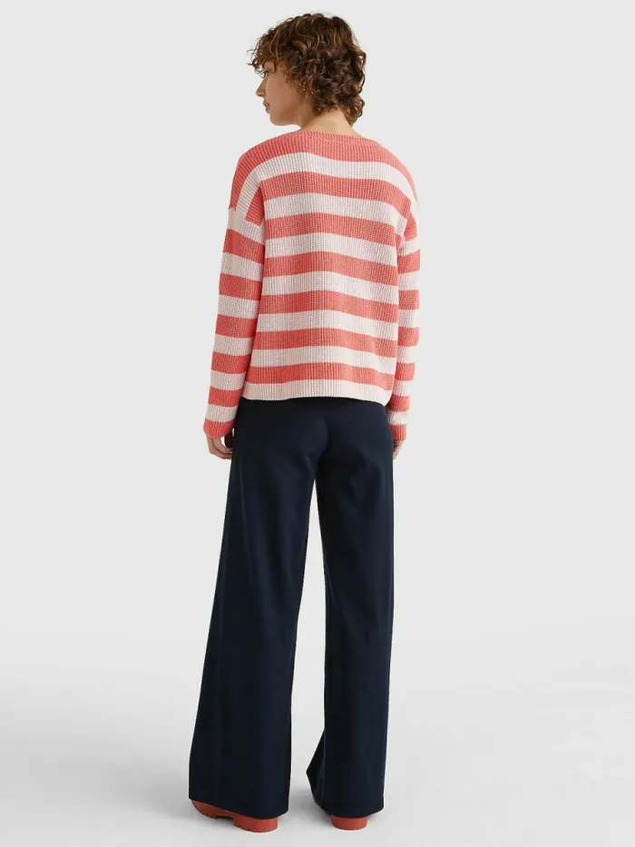 Tommy Hilfiger Stripe Boat Neck Relaxed Fit Jumper Crystal CoralPastel Pink Stp Womens Knitwear Gift for Friend
