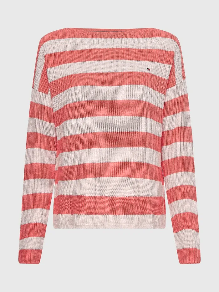 Tommy Hilfiger Stripe Boat Neck Relaxed Fit Jumper Crystal CoralPastel Pink Stp Womens Knitwear Gift for Friend