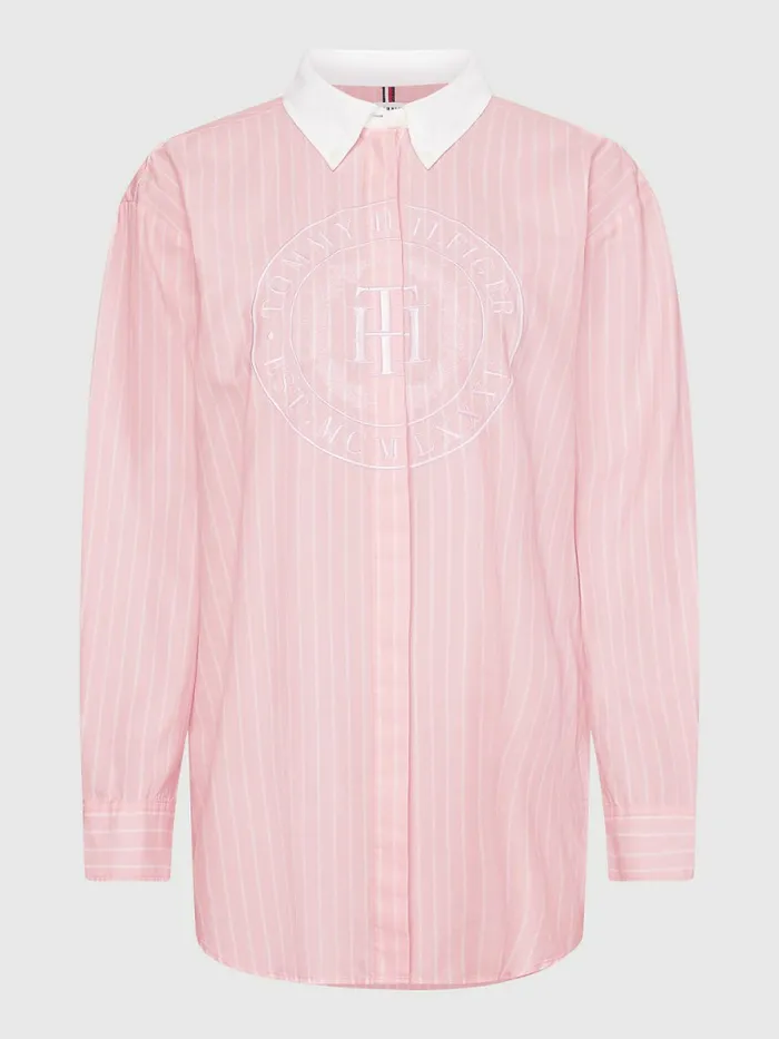 Tommy Hilfiger Stripe Oversized Shirt Oxford StpWhitePastel Pink Womens Shirts and Blouses Sale