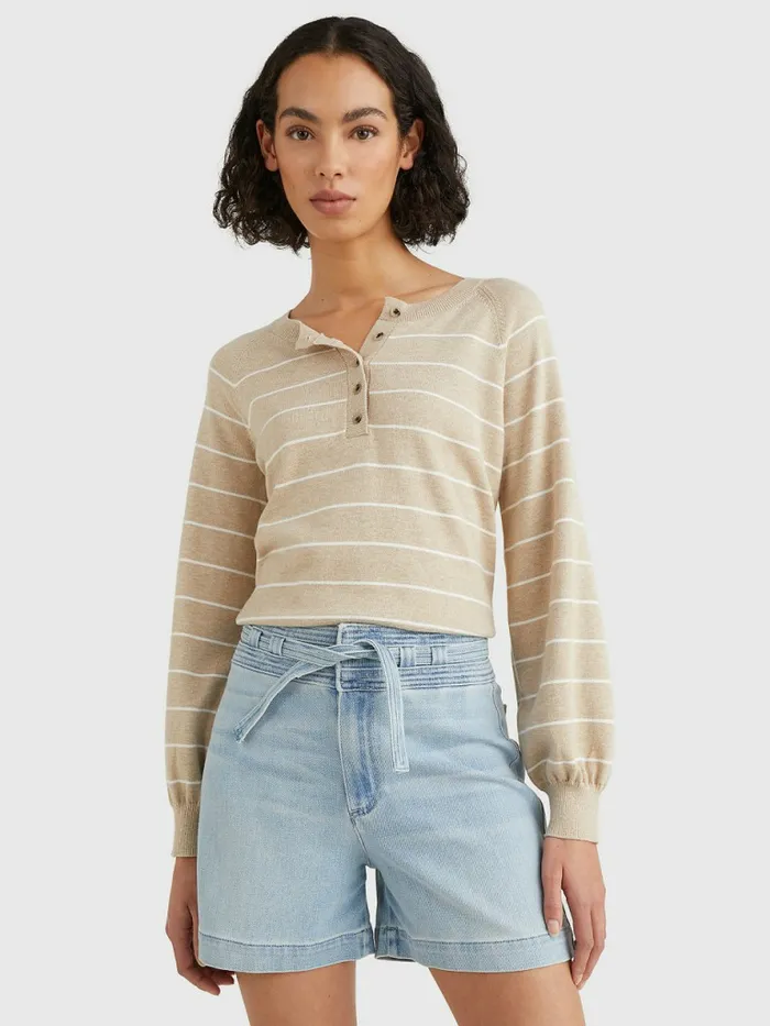 Tommy Hilfiger Stripe Regular Fit Henley Jumper Breton StpEcru Beige Womens Knitwear Fashion Tommy Hilfiger Stripe Regular Fit Henley Jumper Breton StpEcru Beige Womens Knitwear Fashion