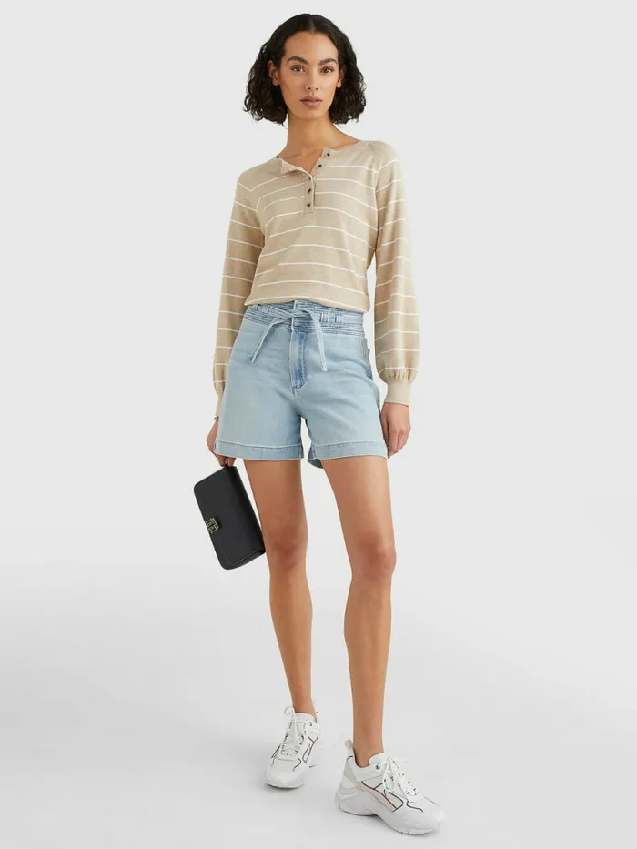 Tommy Hilfiger Stripe Regular Fit Henley Jumper Breton StpEcru Beige Womens Knitwear Fashion