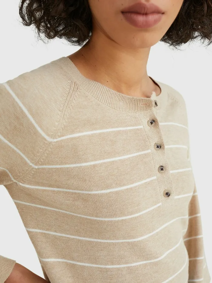 Tommy Hilfiger Stripe Regular Fit Henley Jumper Breton StpEcru Beige Womens Knitwear Fashion