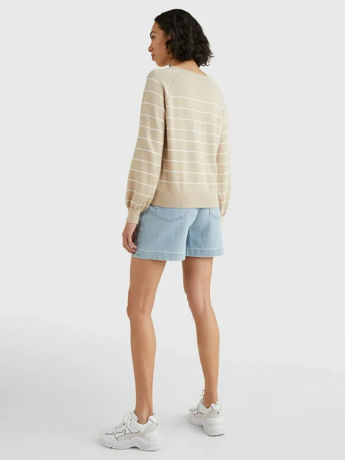 Tommy Hilfiger Stripe Regular Fit Henley Jumper Breton StpEcru Beige Womens Knitwear Fashion