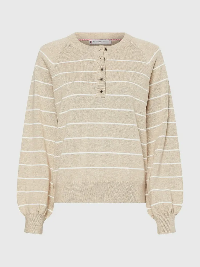 Tommy Hilfiger Stripe Regular Fit Henley Jumper Breton StpEcru Beige Womens Knitwear Fashion
