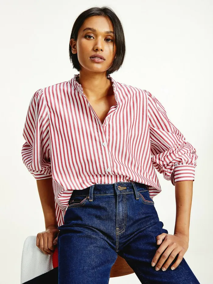 Tommy Hilfiger Stripe Relaxed Fit Frill Blouse Bold StpRed Alert Womens Shirts and Blouses Sale Tommy Hilfiger Stripe Relaxed Fit Frill Blouse Bold StpRed Alert Womens Shirts and Blouses Sale