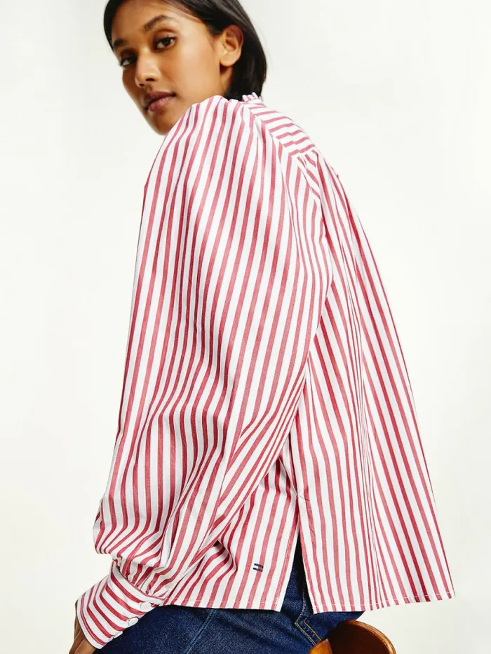 Tommy Hilfiger Stripe Relaxed Fit Frill Blouse Bold StpRed Alert Womens Shirts and Blouses Sale