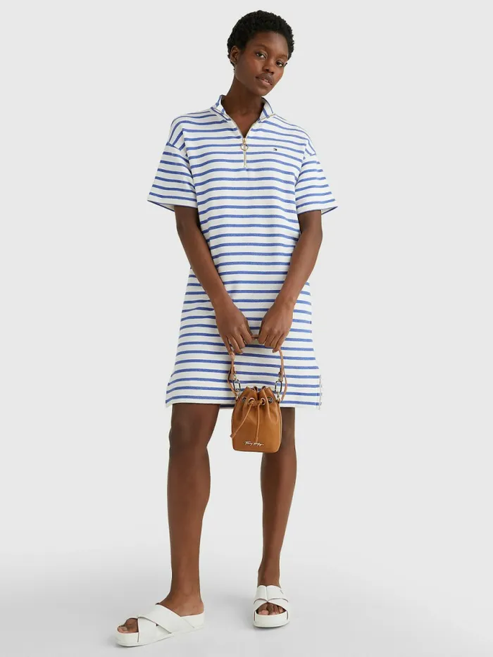 Tommy Hilfiger Stripe Relaxed HalfZip Sweater Dress Breton StpWhite Verona Blue Womens Dresses and Jumpsuits Fashion