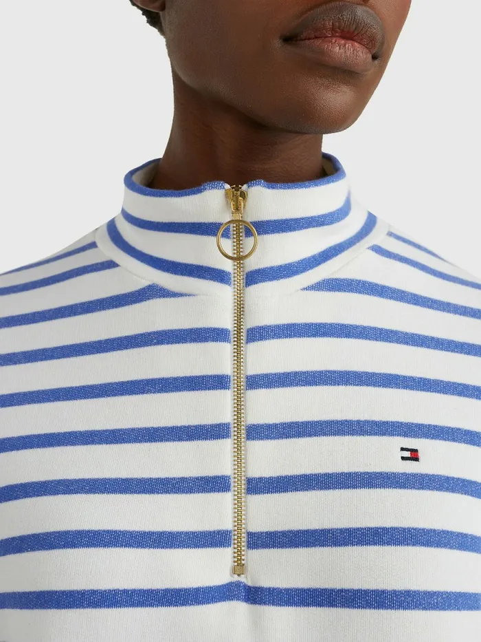 Tommy Hilfiger Stripe Relaxed HalfZip Sweater Dress Breton StpWhite Verona Blue Womens Dresses and Jumpsuits Fashion
