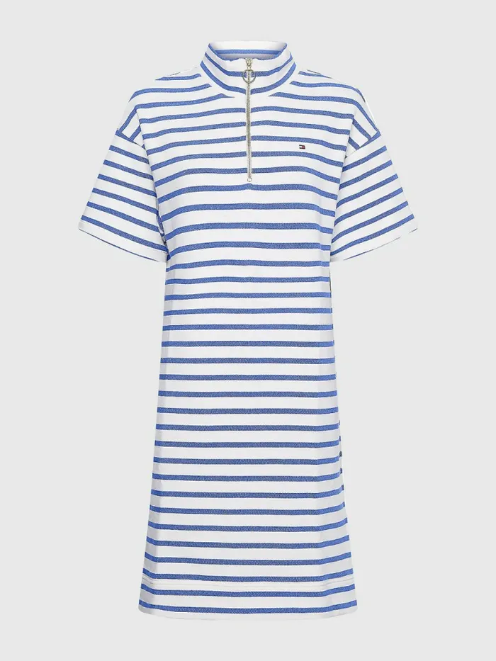 Tommy Hilfiger Stripe Relaxed HalfZip Sweater Dress Breton StpWhite Verona Blue Womens Dresses and Jumpsuits Fashion