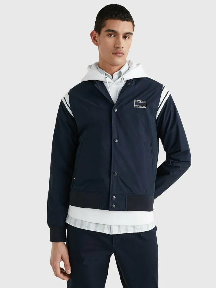 Tommy Hilfiger Stripe Shoulder Varsity Bomber Jacket Desert Sky Mens Coats and Jackets Cheap On Sale Tommy Hilfiger Stripe Shoulder Varsity Bomber Jacket Desert Sky Mens Coats and Jackets Cheap On Sale