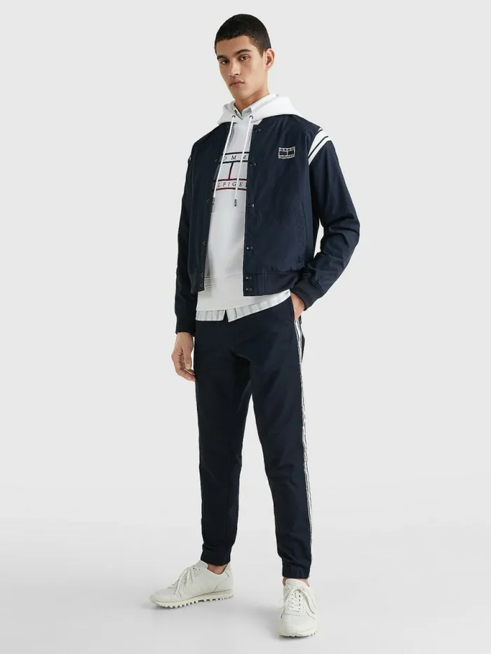 Tommy Hilfiger Stripe Shoulder Varsity Bomber Jacket Desert Sky Mens Coats and Jackets Cheap On Sale