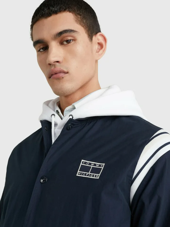 Tommy Hilfiger Stripe Shoulder Varsity Bomber Jacket Desert Sky Mens Coats and Jackets Cheap On Sale