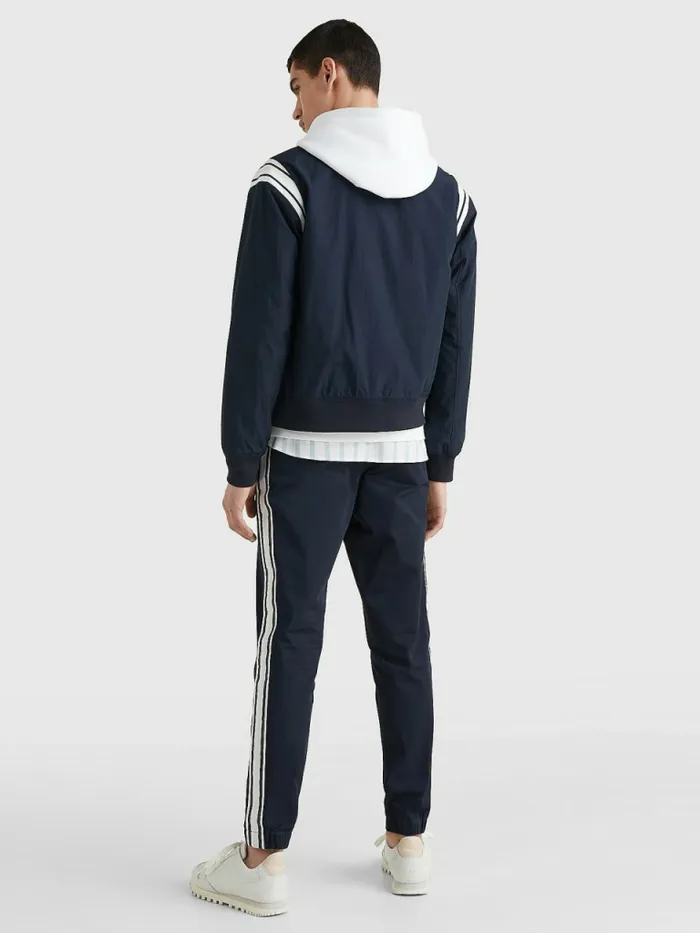 Tommy Hilfiger Stripe Shoulder Varsity Bomber Jacket Desert Sky Mens Coats and Jackets Cheap On Sale
