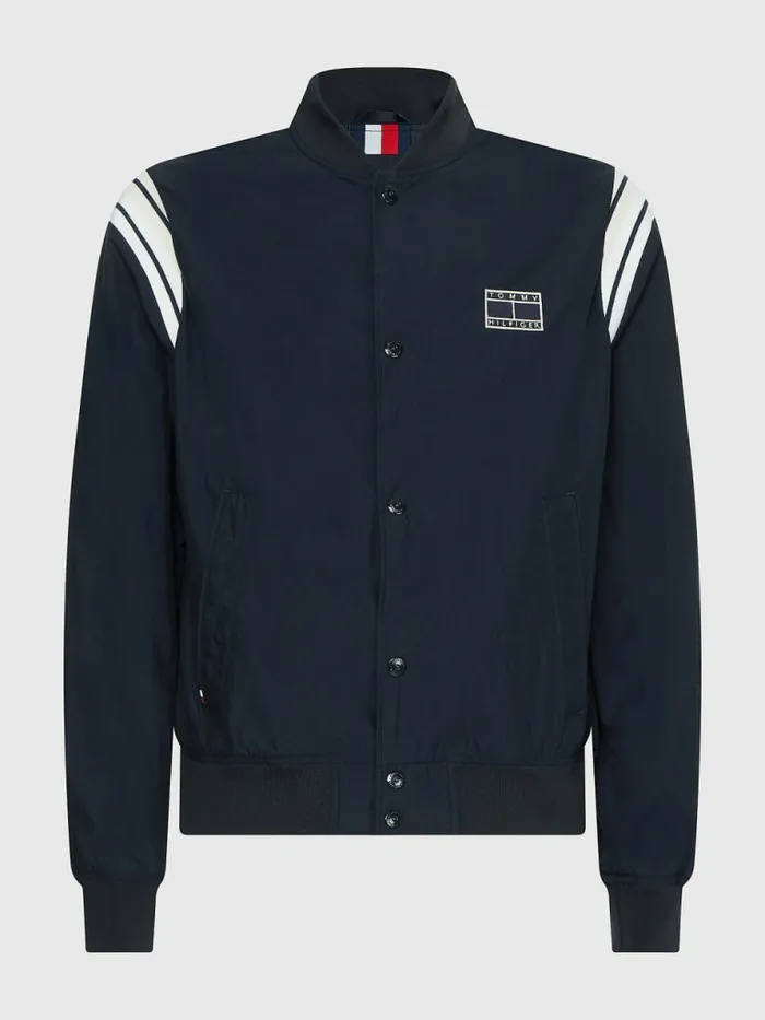 Tommy Hilfiger Stripe Shoulder Varsity Bomber Jacket Desert Sky Mens Coats and Jackets Cheap On Sale