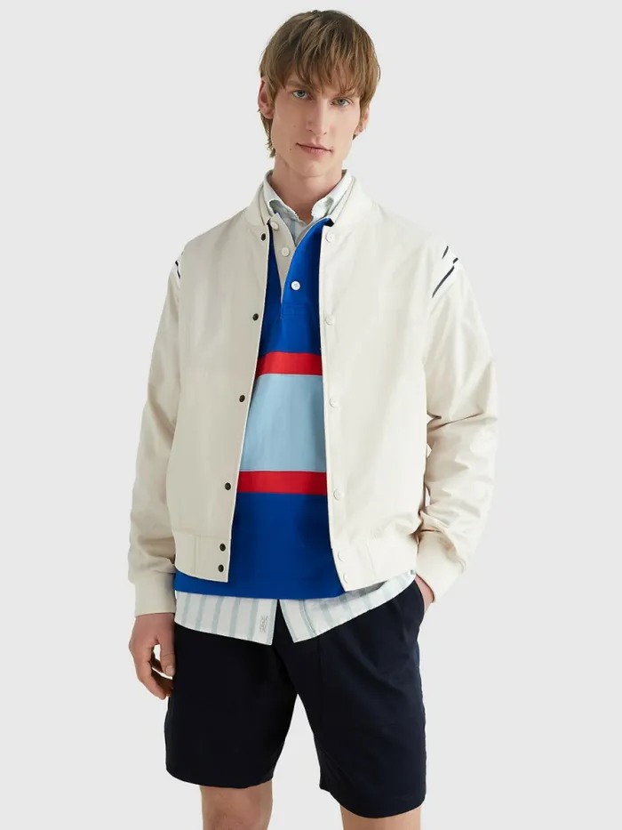 Tommy Hilfiger Stripe Shoulder Varsity Bomber Jacket Feather White Mens Coats and Jackets Gift for Friend Tommy Hilfiger Stripe Shoulder Varsity Bomber Jacket Feather White Mens Coats and Jackets Gift for Friend