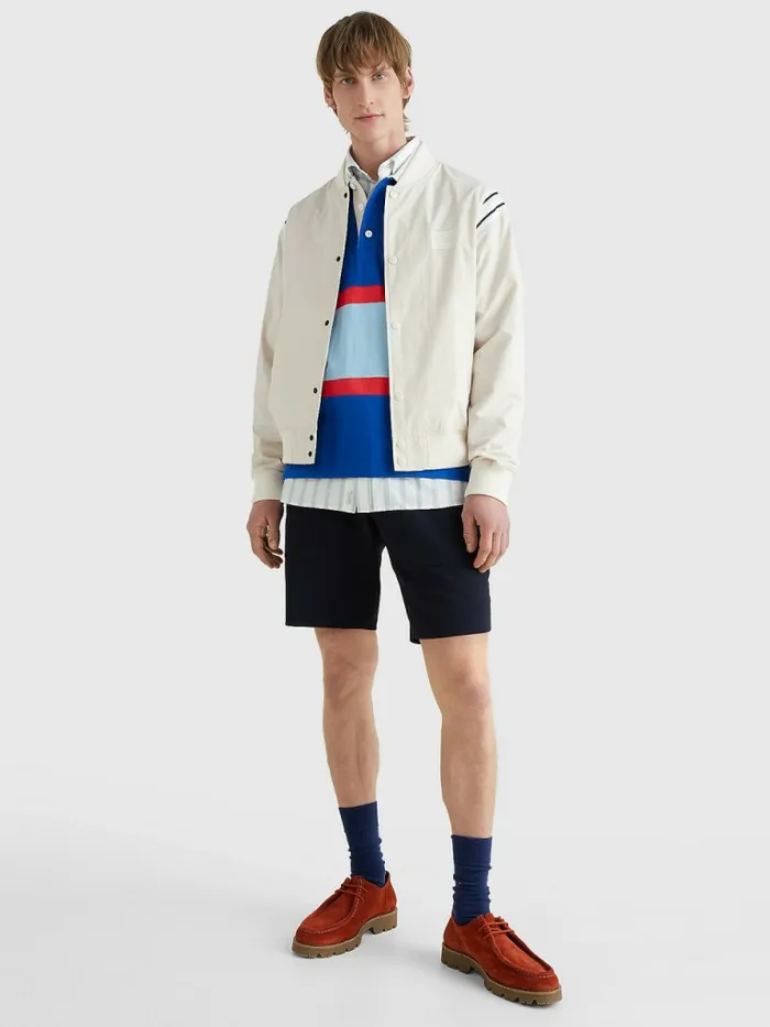 Tommy Hilfiger Stripe Shoulder Varsity Bomber Jacket Feather White Mens Coats and Jackets Gift for Friend