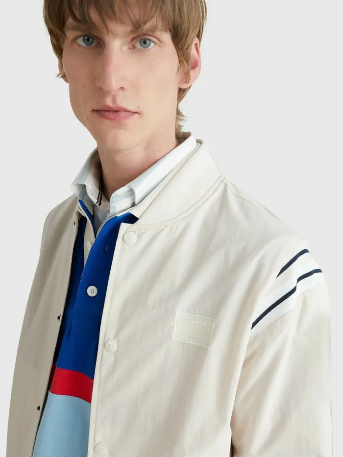 Tommy Hilfiger Stripe Shoulder Varsity Bomber Jacket Feather White Mens Coats and Jackets Gift for Friend