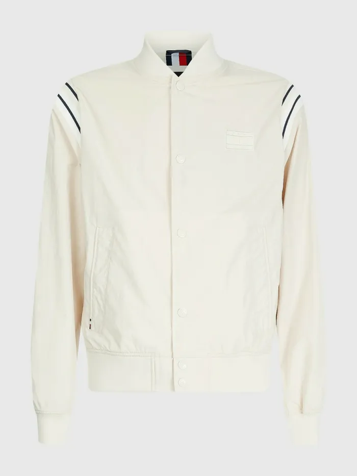 Tommy Hilfiger Stripe Shoulder Varsity Bomber Jacket Feather White Mens Coats and Jackets Gift for Friend