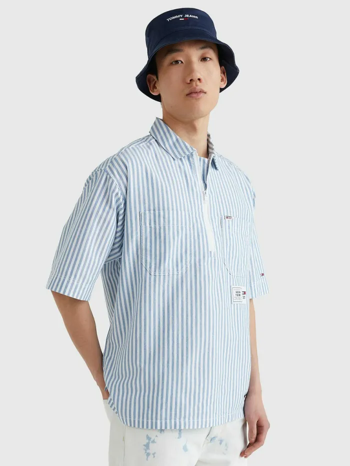 Tommy Hilfiger Stripe Zip Organic Cotton Shirt Regatta Blue Stripe Mens Shirts Popular Tommy Hilfiger Stripe Zip Organic Cotton Shirt Regatta Blue Stripe Mens Shirts Popular