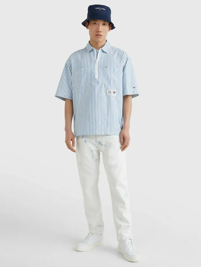 Tommy Hilfiger Stripe Zip Organic Cotton Shirt Regatta Blue Stripe Mens Shirts Popular