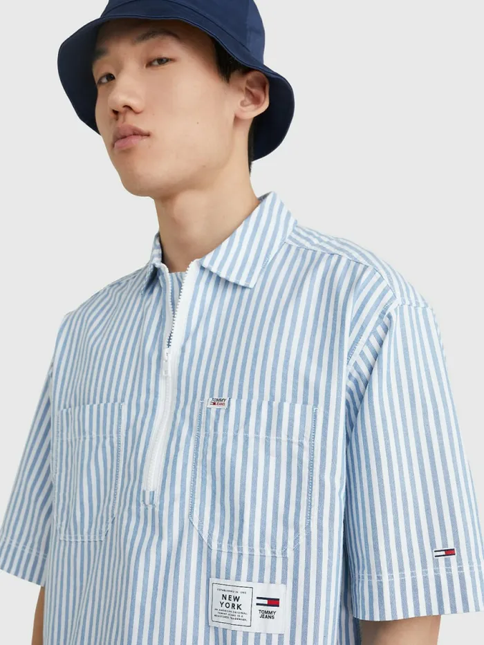 Tommy Hilfiger Stripe Zip Organic Cotton Shirt Regatta Blue Stripe Mens Shirts Popular
