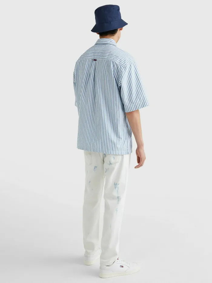 Tommy Hilfiger Stripe Zip Organic Cotton Shirt Regatta Blue Stripe Mens Shirts Popular