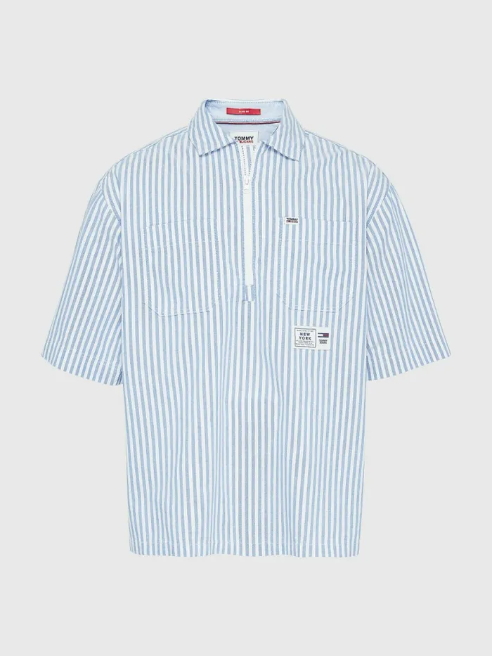 Tommy Hilfiger Stripe Zip Organic Cotton Shirt Regatta Blue Stripe Mens Shirts Popular