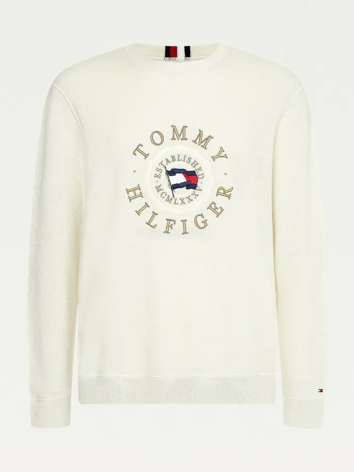 Tommy Hilfiger Structured Logo Embroidery Jumper Ivory Mens Knitwear Gift 4 You