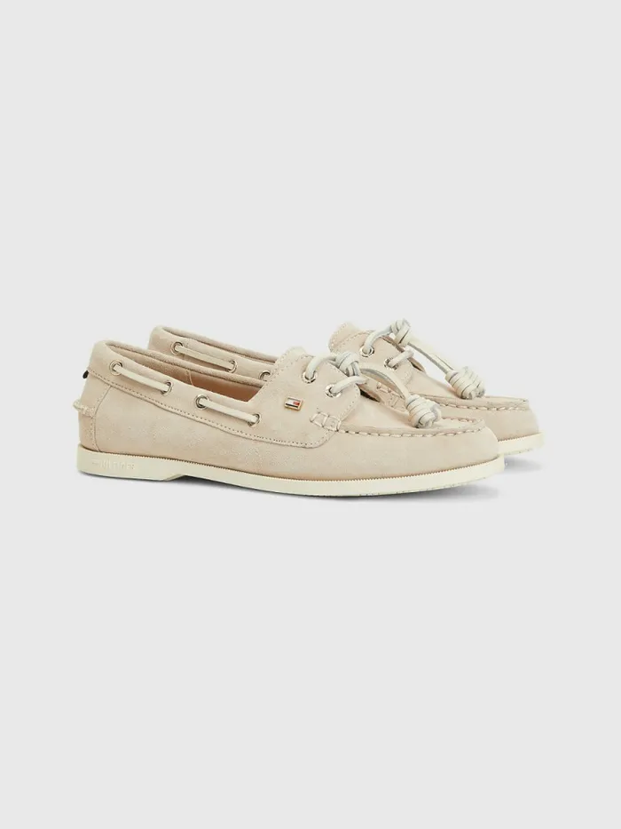 Tommy Hilfiger Suede Boat Shoes Classic Beige Womens Flat Shoes Popular