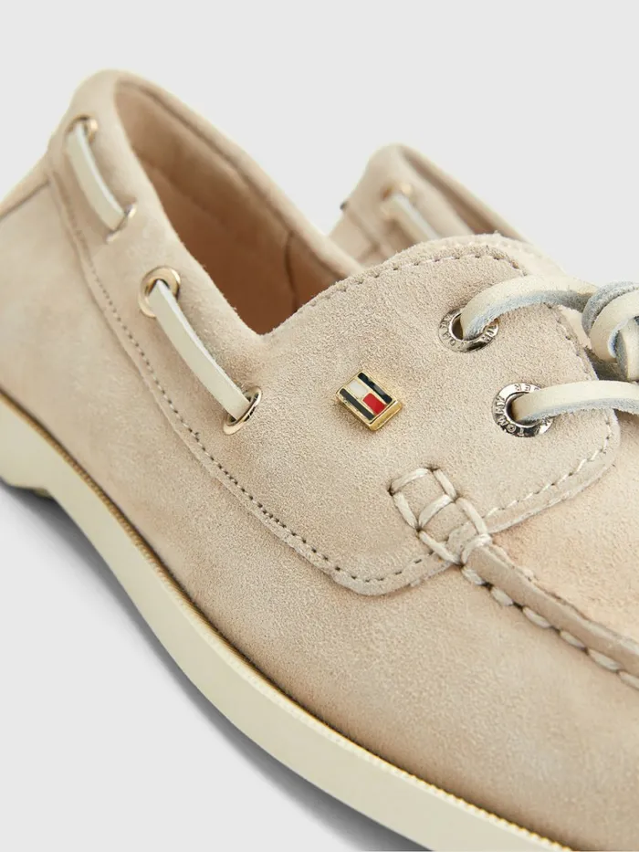 Tommy Hilfiger Suede Boat Shoes Classic Beige Womens Flat Shoes Popular