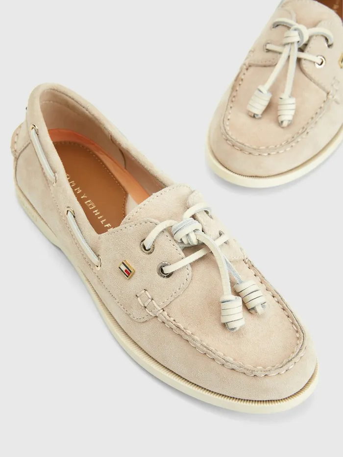 Tommy Hilfiger Suede Boat Shoes Classic Beige Womens Flat Shoes Popular