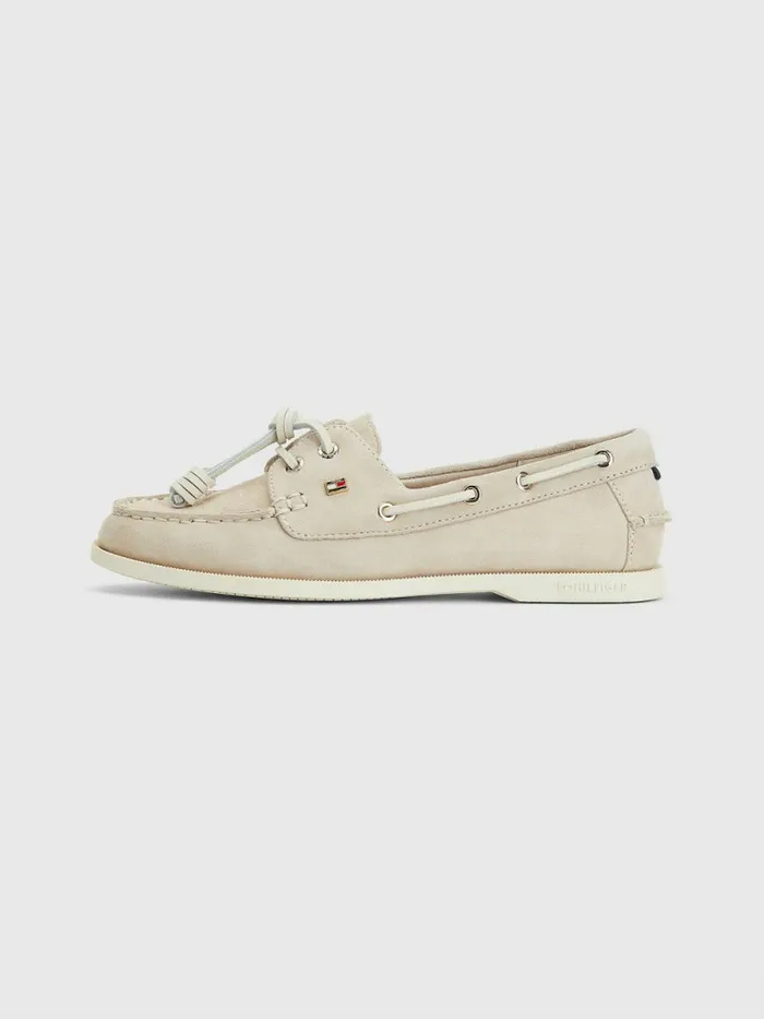Tommy Hilfiger Suede Boat Shoes Classic Beige Womens Flat Shoes Popular
