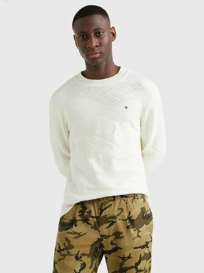 Tommy Hilfiger Textured Camo Jumper Ivory Mens Knitwear For Sale