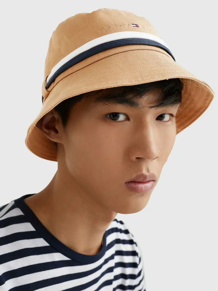 Tommy Hilfiger Th Established Tape Bucket Hat Natural Khaki Mens Hats and Scarves For Sale