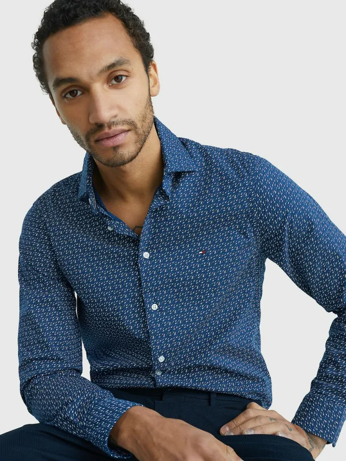 Tommy Hilfiger Th Flex Geometric Print Slim Shirt Iris NavyCharcoal Blue Mens Shirts For Sale