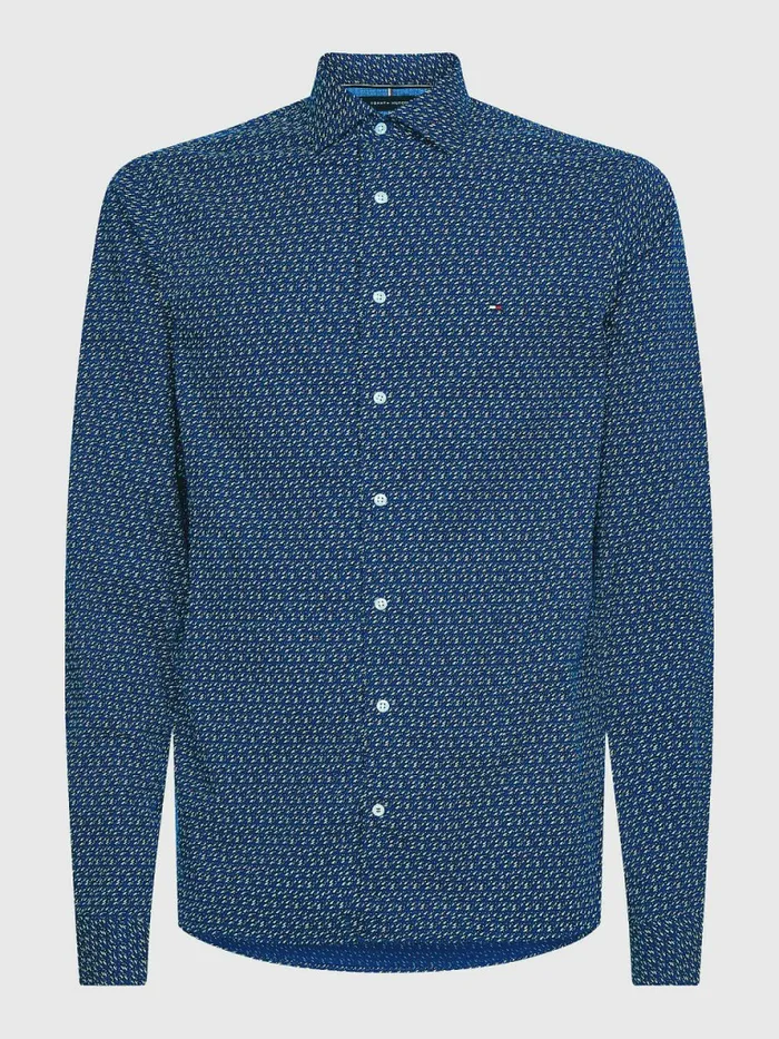 Tommy Hilfiger Th Flex Geometric Print Slim Shirt Iris NavyCharcoal Blue Mens Shirts For Sale