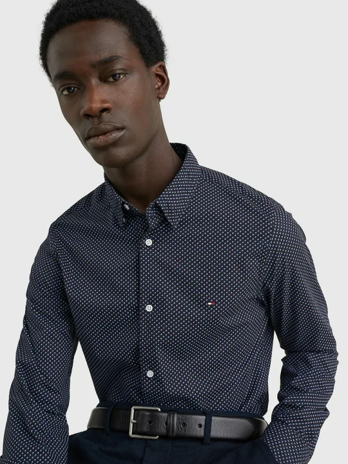 Tommy Hilfiger Th Flex Print Slim Fit Shirt Night BlueBlue InkBreezy Blue Mens Shirts For Sale